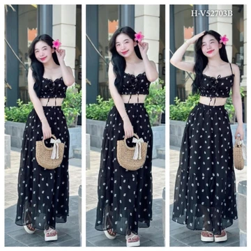 Đầm váy hoa đi biển - Set váy thiết kế phong cách nàng thơ chụp ảnh, set áo 2 dây tơ crotop phối chân váy dáng dài xòe