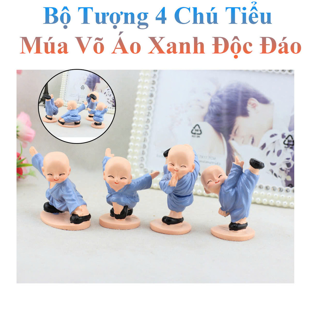 Bộ Tượng 4 Chú Tiểu Múa Võ Áo Xanh Độc Đáo