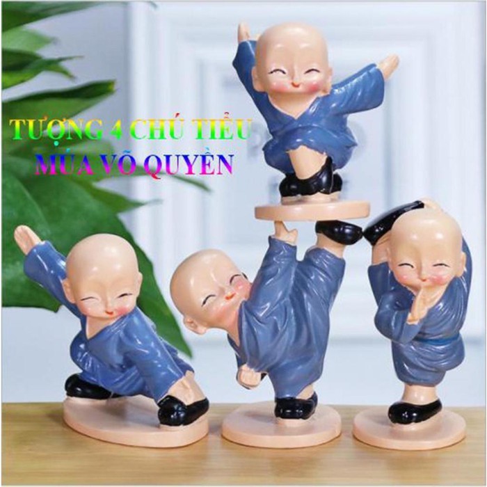 Bộ Tượng 4 Chú Tiểu Múa Võ Áo Xanh Độc Đáo