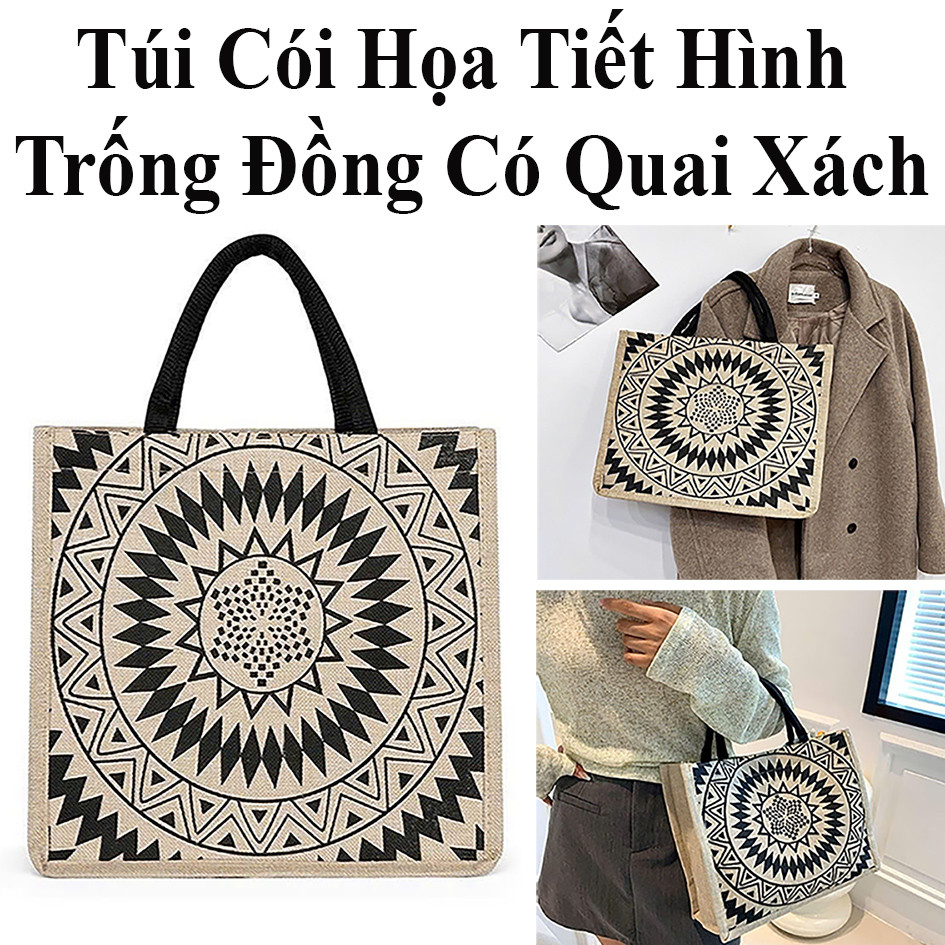 Túi Cói Họa Tiết Hình Trống Đồng Có Quai Xách Tiện Dụng