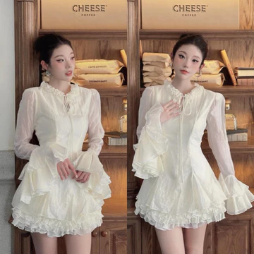 [020-Đầm Bánh Bèo Cổ Tay Bồng Pinks , Váy Tiểu Thư Bánh Bèo Thắt Dây Nhẹ Nhàng Sang Chảnh 2 Màu Kem,Trắng.