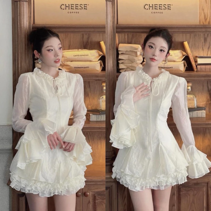 [020-Đầm Bánh Bèo Cổ Tay Bồng Pinks , Váy Tiểu Thư Bánh Bèo Thắt Dây Nhẹ Nhàng Sang Chảnh 2 Màu Kem,Trắng.