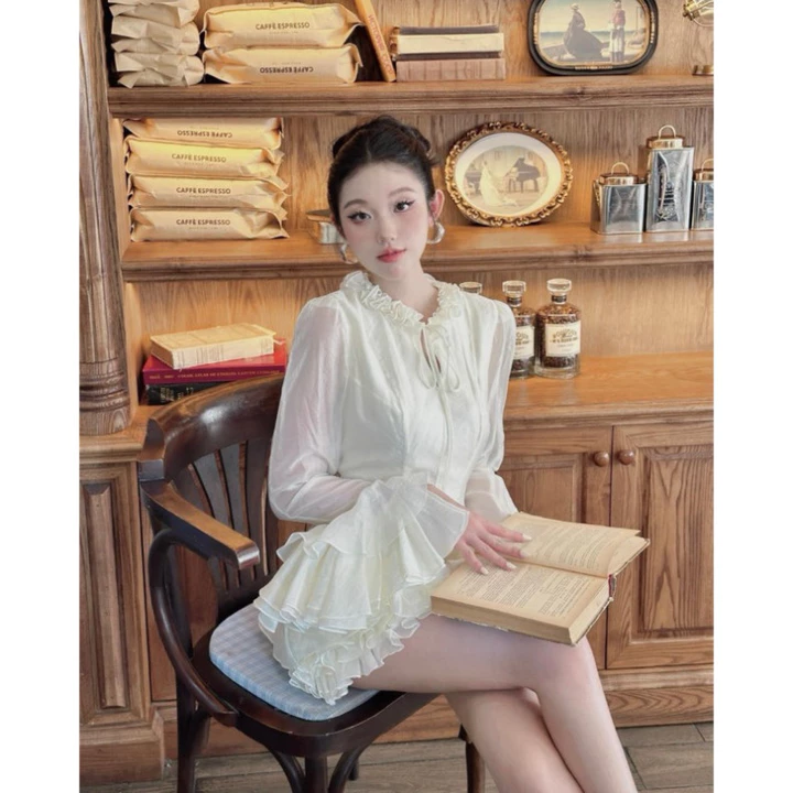 [020-Đầm Bánh Bèo Cổ Tay Bồng Pinks , Váy Tiểu Thư Bánh Bèo Thắt Dây Nhẹ Nhàng Sang Chảnh 2 Màu Kem,Trắng.