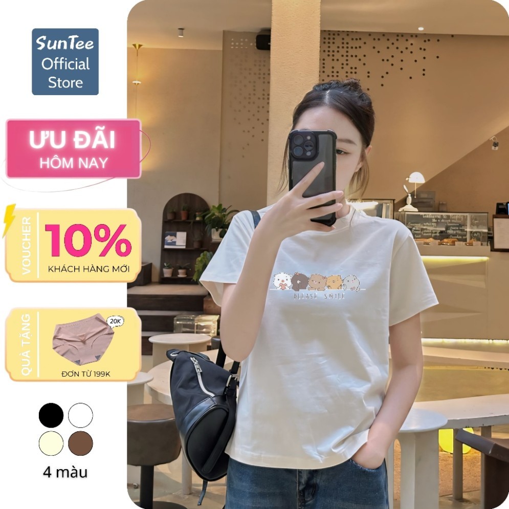 Áo thun nữ form Babytee SUNTEE STFV107 phong cách basic in hình icon mèo vải cotton100% cao cấp