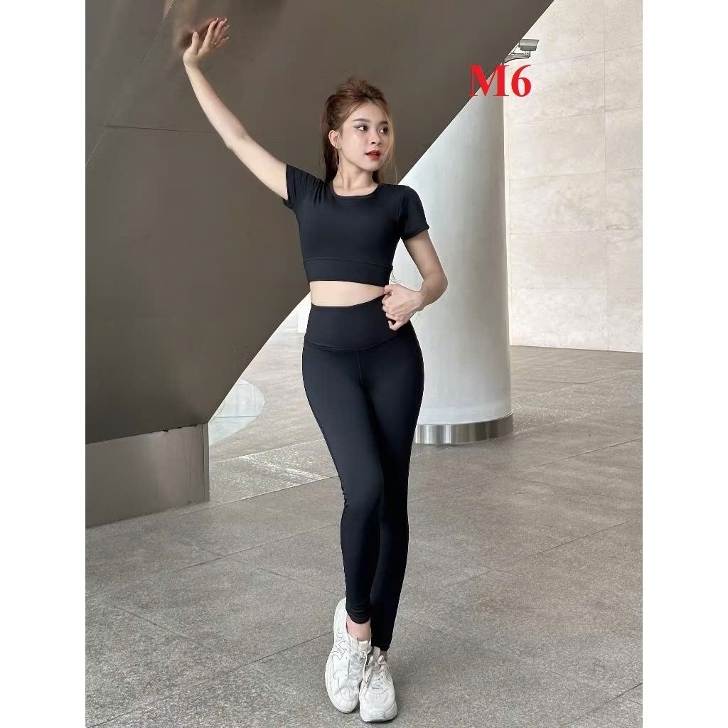Bộ đồ tập Gym,yoga nữ aerobic nữ Áo có tay TẶNG mút quần dài cạp cao chất thun co giãn 4 chiều.