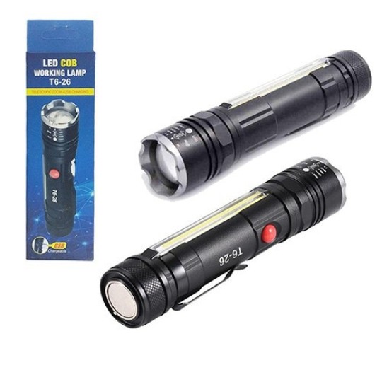 Đèn Pin Sạc Led Cob Siêu Sáng T6-26 Cao Cấp Có Zoom X2000 Đuôi Đèn Có Nam Châm