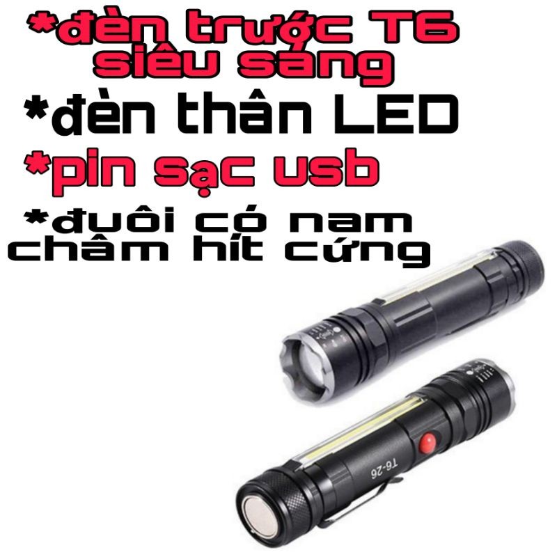 Đèn Pin Sạc Led Cob Siêu Sáng T6-26 Cao Cấp Có Zoom X2000 Đuôi Đèn Có Nam Châm