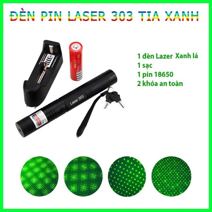 Đèn Pin Laser 303 Tia Xanh Siêu Sáng Kèm Pin Và Sạc Tiện Dụng