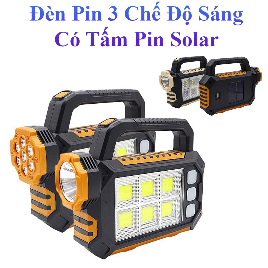 Đèn Pin Sạc Cầm Tay Có Thêm Sạc Qua Tấm Pin Năng Lượng Mặt Trời 3 Chế Độ Sáng Tiện Lợi