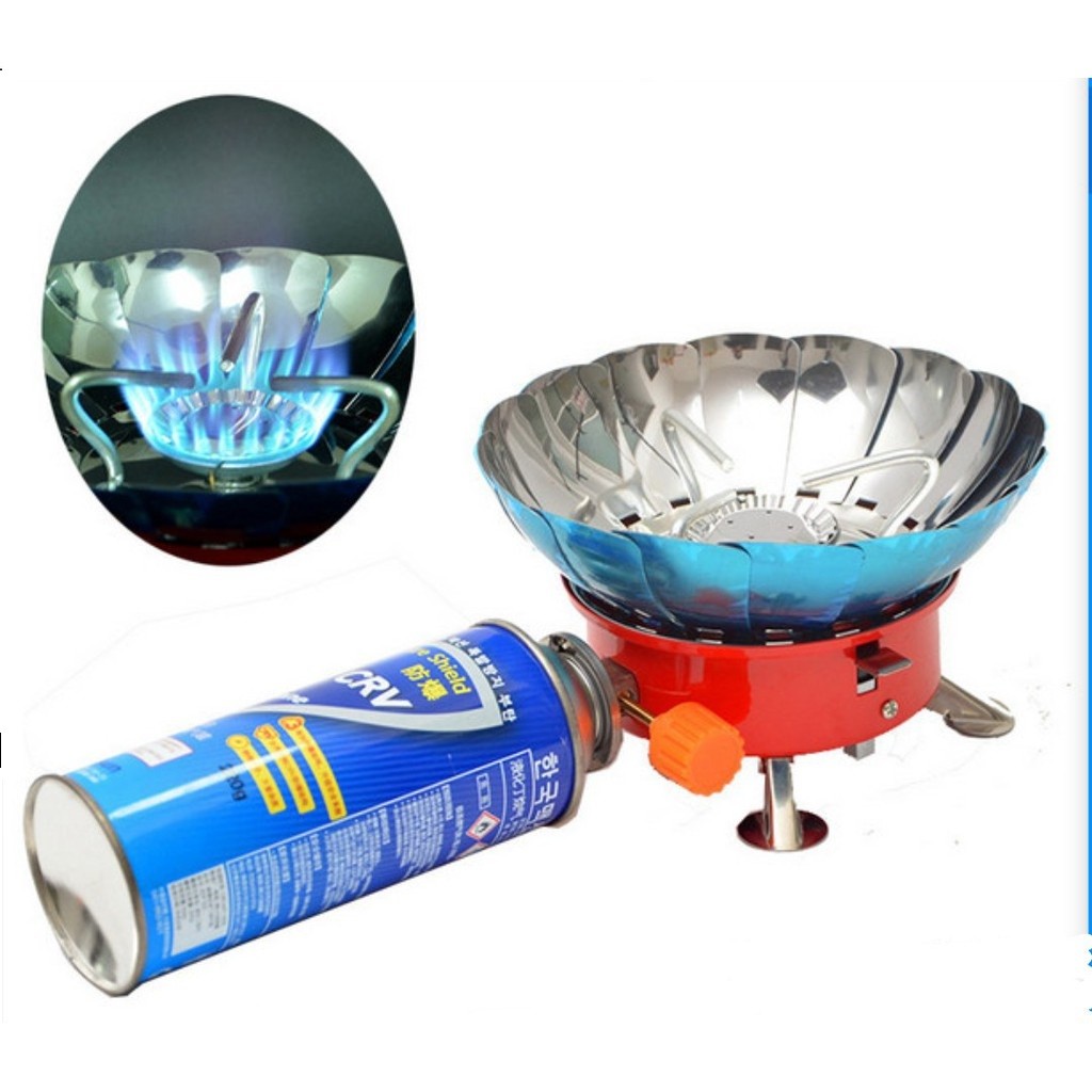Bếp Gas Du Lịch Camping Stove Có Vòng Chắn Gió Tiện Lợi Kèm Túi Đựng Nhỏ Gọn