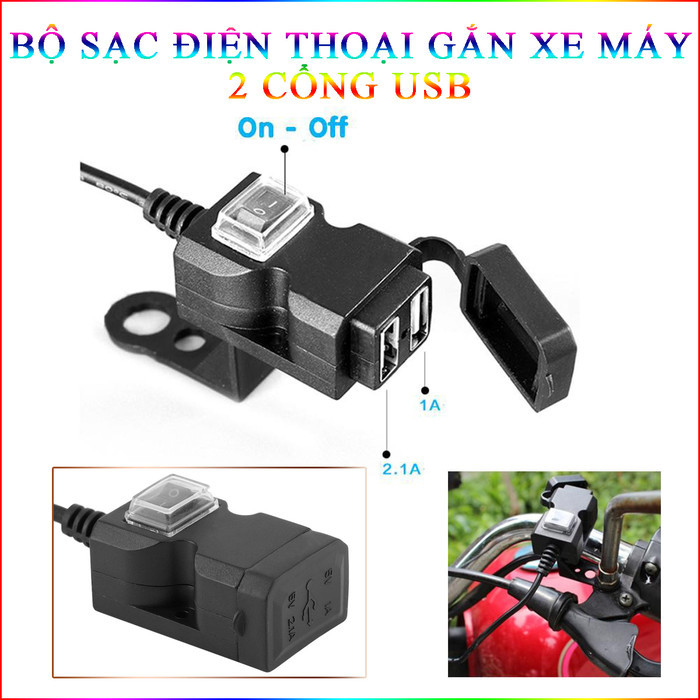 Bộ Sạc Điện Thoại Gắn Xe Máy 2 Cổng Usb Có Nút On, Off Tiện Lợi Dây Dài 1.5M Tiện Lợi