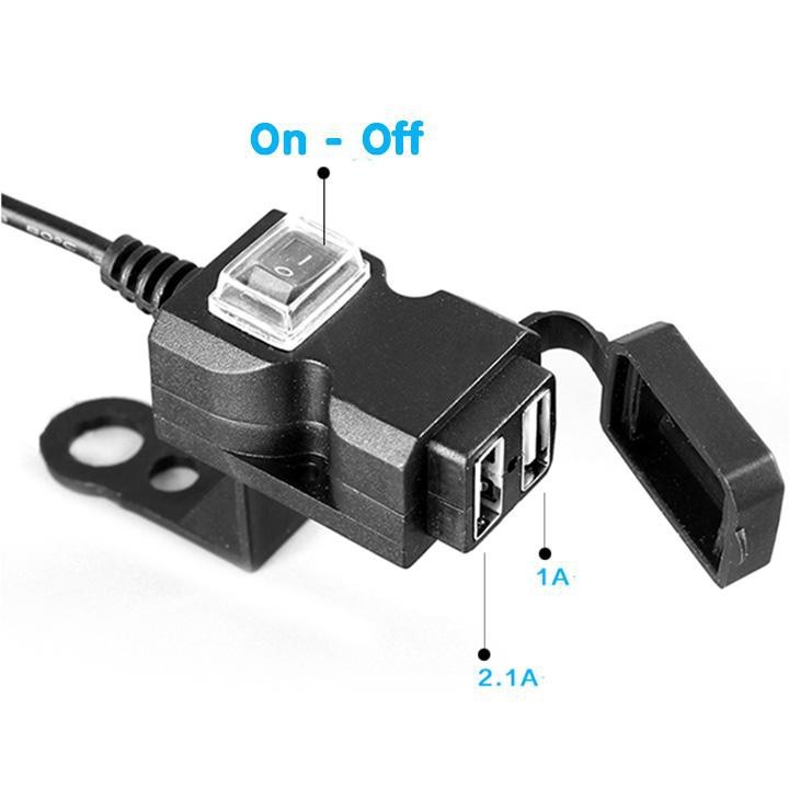 Bộ Sạc Điện Thoại Gắn Xe Máy 2 Cổng Usb Có Nút On, Off Tiện Lợi Dây Dài 1.5M Tiện Lợi