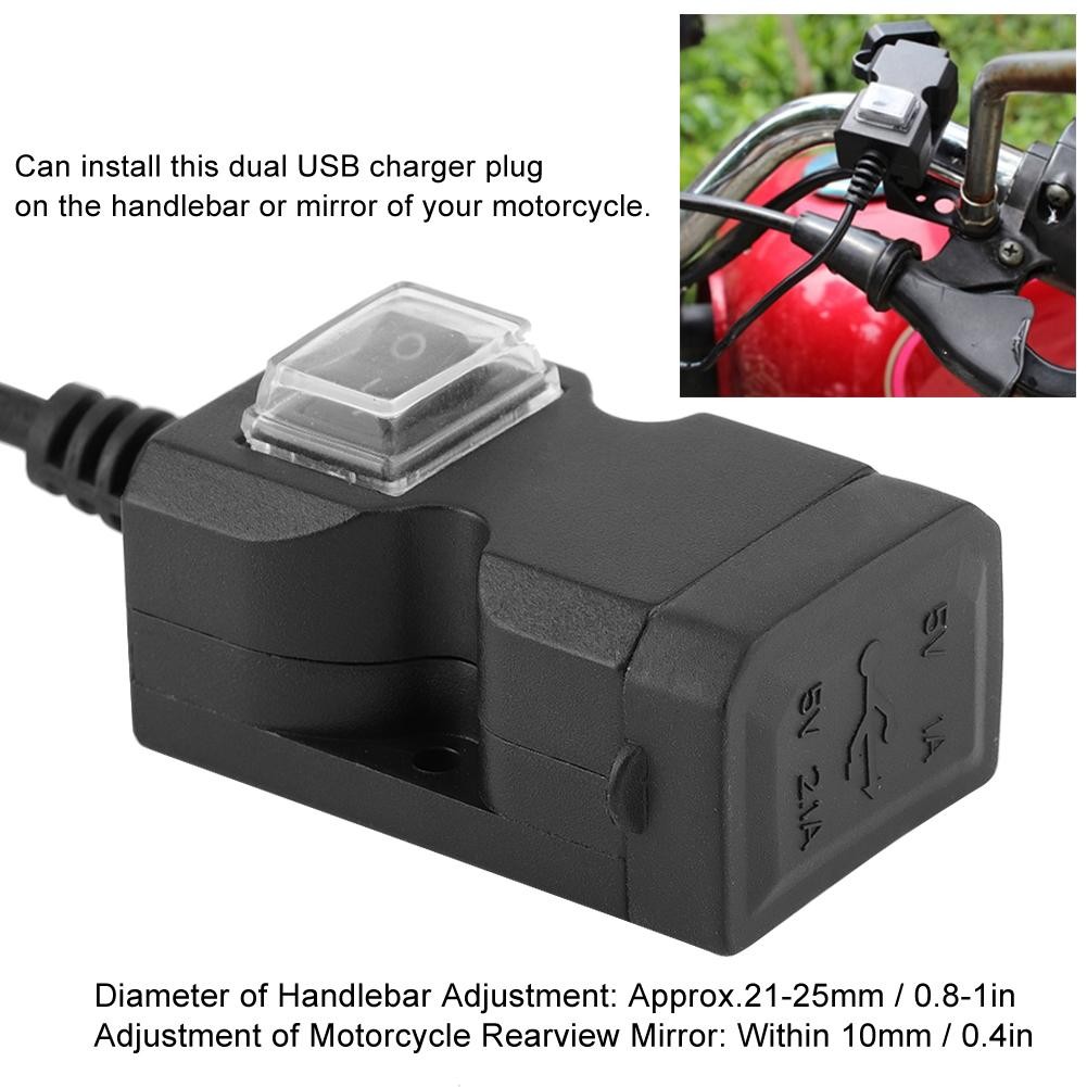 Bộ Sạc Điện Thoại Gắn Xe Máy 2 Cổng Usb Có Nút On, Off Tiện Lợi Dây Dài 1.5M Tiện Lợi