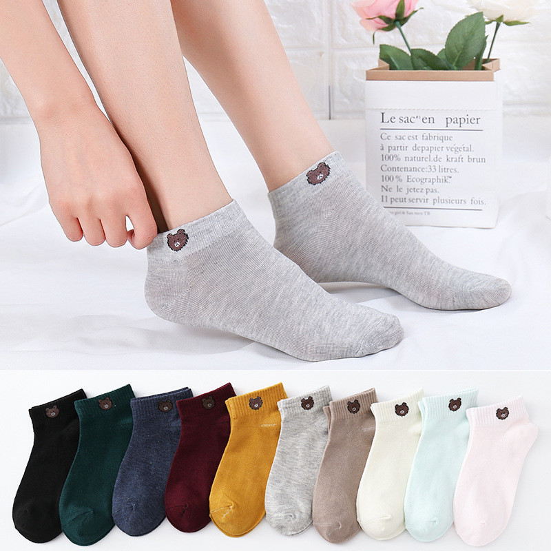 Bộ 10 Đôi Vớ / Tất Hình Gấu Cotton Nhiều Màu Kèm Túi Đựng Xinh