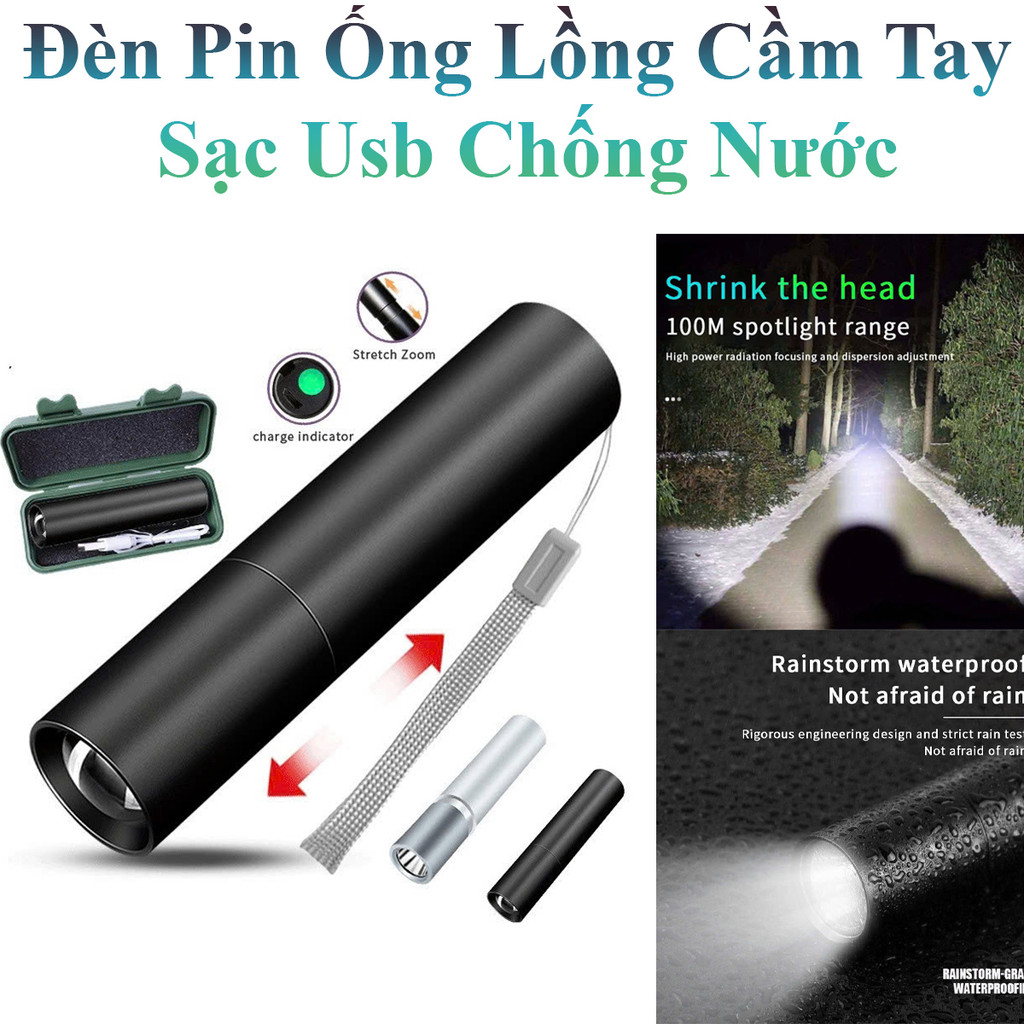 Đèn Pin Led Mini 3 Chế Độ Kiểu Ống Lồng Cầm Tay Sạc Usb Chống Nước Siêu Sáng Chiếu Tập Trung/ Tầm Xa Tiện Lợi