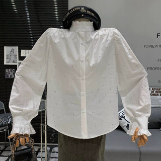 Áo sơ mi đính đá cổ trụ bèo xinh, Áo sơ mi nữ trắng kiểu sang chảnh A012 MOLLY HÔUSE STORE