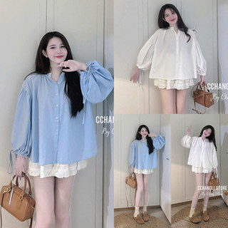 Áo Sơ Mi Babydoll Dài Tay Form Rộng Giấu Quần Tay Ly Bồng Size S M - Halinh Shop - Sơ Mi Nữ Tay Bồng