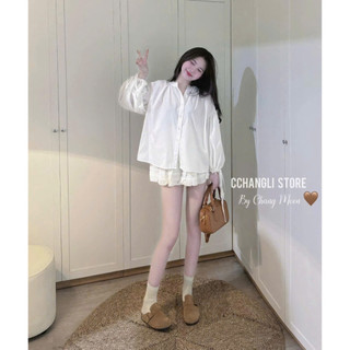 Áo Sơ Mi Babydoll Dài Tay Form Rộng Giấu Quần Tay Ly Bồng Size S M - Halinh Shop - Sơ Mi Nữ Tay Bồng