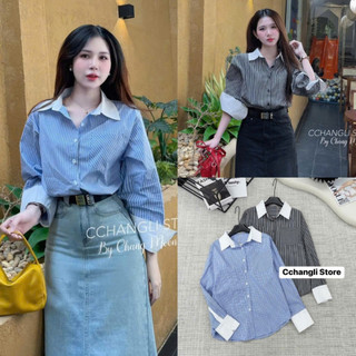 Áo Sơ Mi Nữ Kẻ Xanh Đen Dài Tay Phối Trắng Cổ Bẻ Size S M - Áo Sơ Mi Nữ Thô Kẻ Phối Cổ Trắng