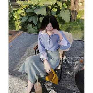 Áo Sơ Mi Nữ Kẻ Xanh Đen Dài Tay Phối Trắng Cổ Bẻ Size S M - Áo Sơ Mi Nữ Thô Kẻ Phối Cổ Trắng