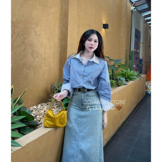 Áo Sơ Mi Nữ Kẻ Xanh Đen Dài Tay Phối Trắng Cổ Bẻ Size S M - Áo Sơ Mi Nữ Thô Kẻ Phối Cổ Trắng