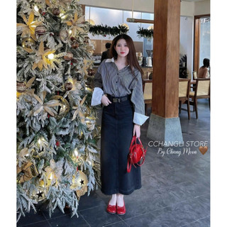 Áo Sơ Mi Nữ Kẻ Xanh Đen Dài Tay Phối Trắng Cổ Bẻ Size S M - Áo Sơ Mi Nữ Thô Kẻ Phối Cổ Trắng