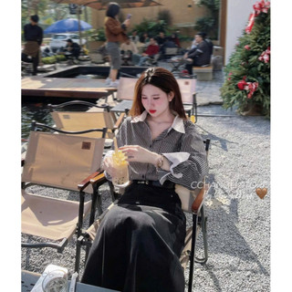 Áo Sơ Mi Nữ Kẻ Xanh Đen Dài Tay Phối Trắng Cổ Bẻ Size S M - Áo Sơ Mi Nữ Thô Kẻ Phối Cổ Trắng