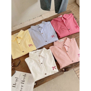 Áo sơ mi thô mềm form rộng thêu nơ xixeoshop - A21
