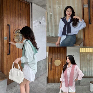 Áo sơ mi nữ kẻ kèm KHĂN, Áo sơ mi ulzzang unisex phong cách Hàn Quốc chất mềm mịn FORM RỘNG Mã SM04