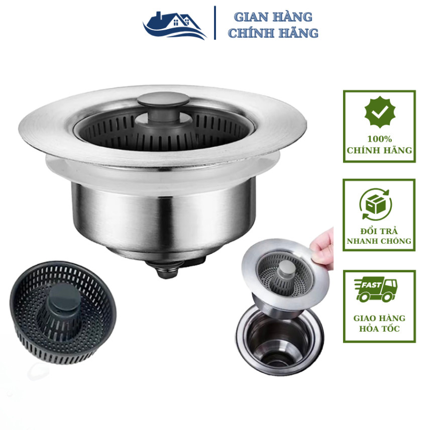 Bộ Lọc Rác Bồn Rửa Bát Inox 304 3 in 1 - Ngăn mùi hôi côn trùng, Nút chặn thoát nước, Khay giỏ lọc thức ăn thừa