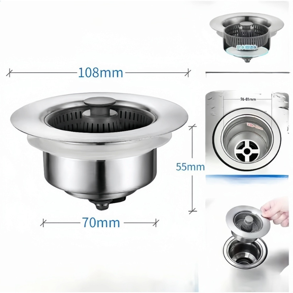 Bộ Lọc Rác Bồn Rửa Bát Inox 304 3 in 1 - Ngăn mùi hôi côn trùng, Nút chặn thoát nước, Khay giỏ lọc thức ăn thừa