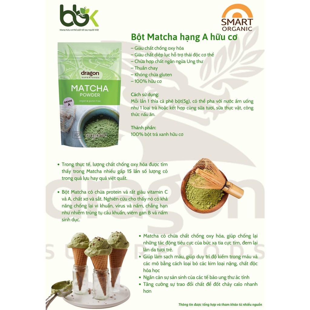 Bột trà xanh Matcha hạng A hữu cơ Dragon Superfoods 100g