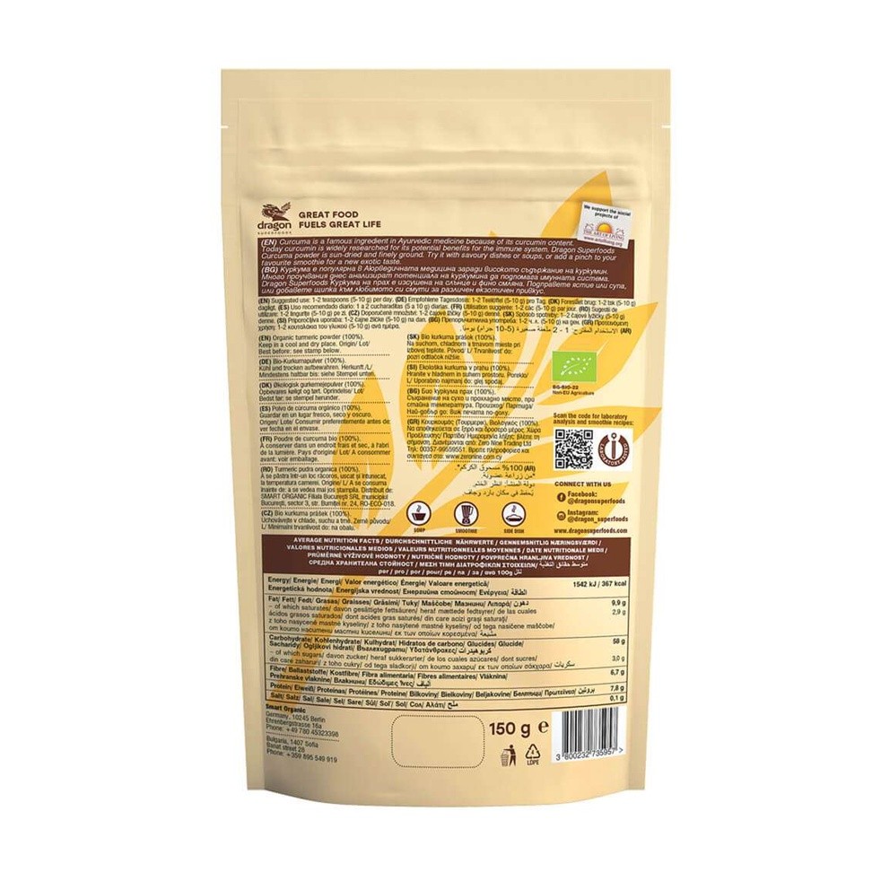 Bột nghệ hữu cơ Curcuma Dragon Superfoods Turmeric Powder 150g