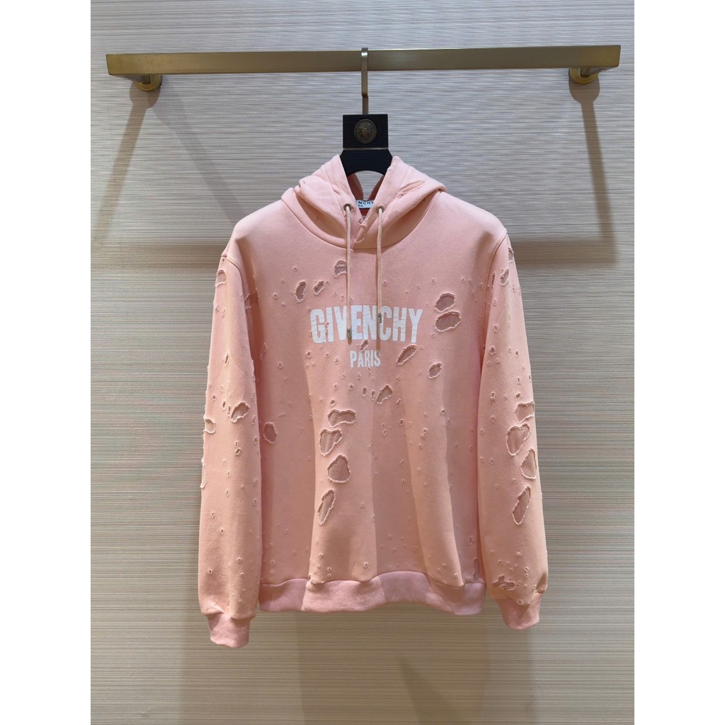 Áo Hoodie nỉ Givenchy Hồng rách lỗ logo chữ Trắng ngực LA DDT [ Bản VIP ...