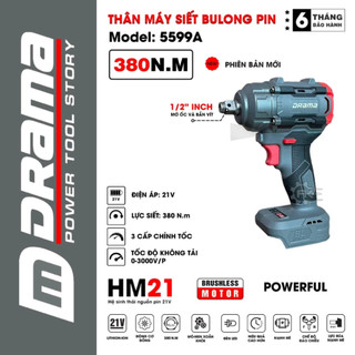Thân Máy Siết Bulong DRAMA 5599A Flex, Động Cơ Không Chổi Than, Lực siết 380Nm, Chân Pin Phổ Thông
