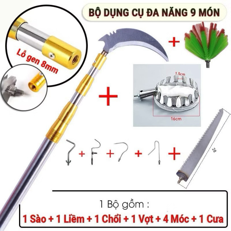 sào rút inox dài 7m hàng loại 1 cao cấp inox gồm 9 món, vợt quả,cưa ...