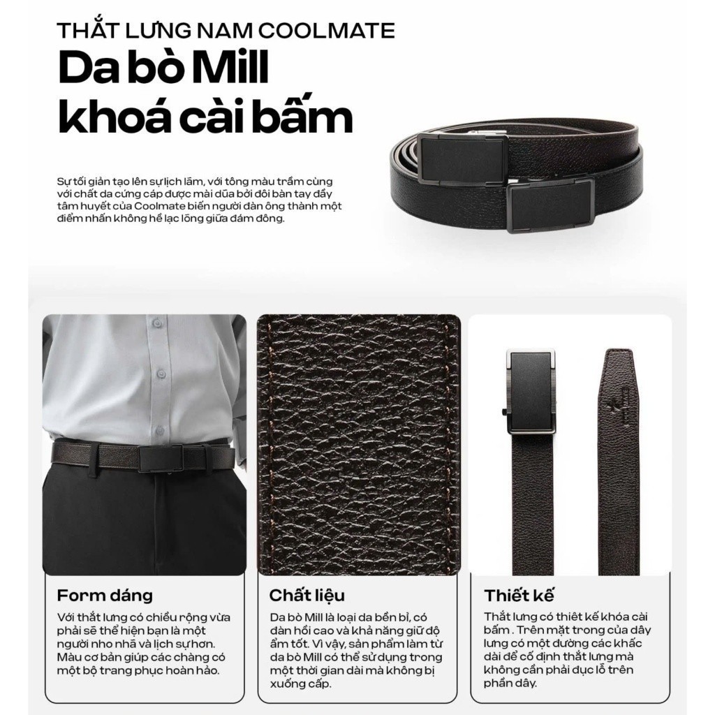 [MUA 4 GIẢM 20%]Thắt lưng nam Coolmate da bò Mill khoá gài bấm