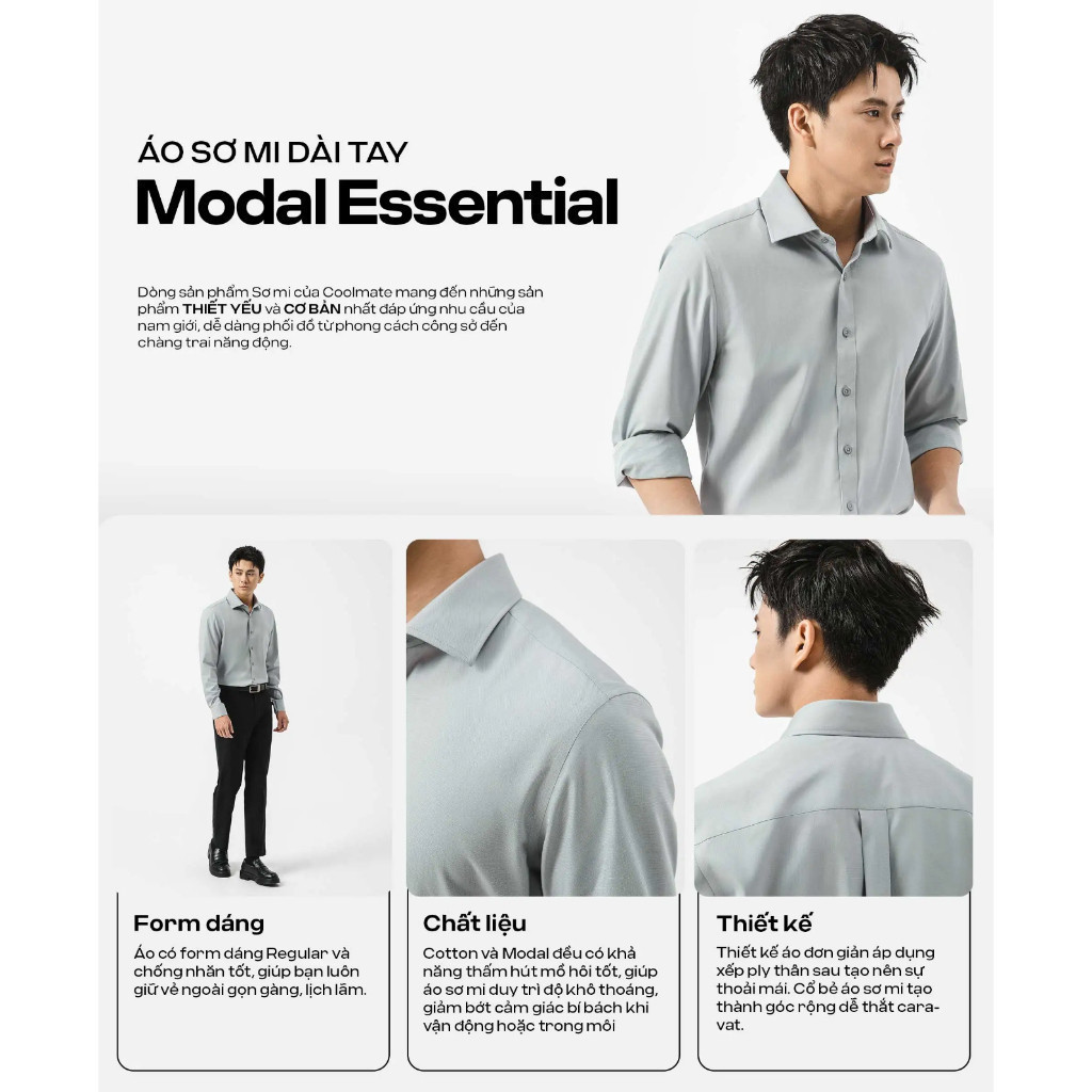 [TẶNG COMBO 2 TẤT]Áo sơ mi nam dài tay Modal Essential mềm mại, thoáng khí Áo đi làm đi chơi dạo phố Coolmate