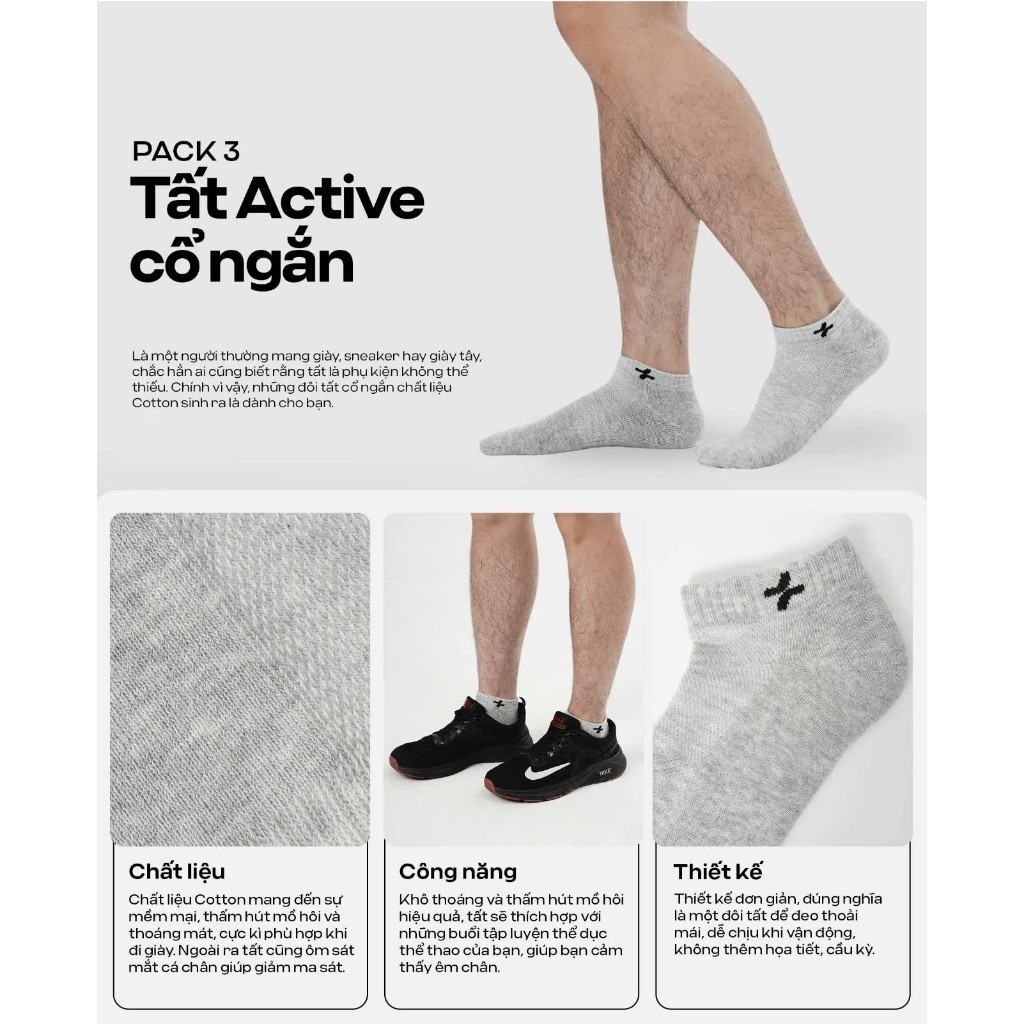 [MUA 2 GIẢM 5%]Pack 3 tất vớ active cổ ngắn mềm mại thoáng khí Coolmate [Không đổi trả]