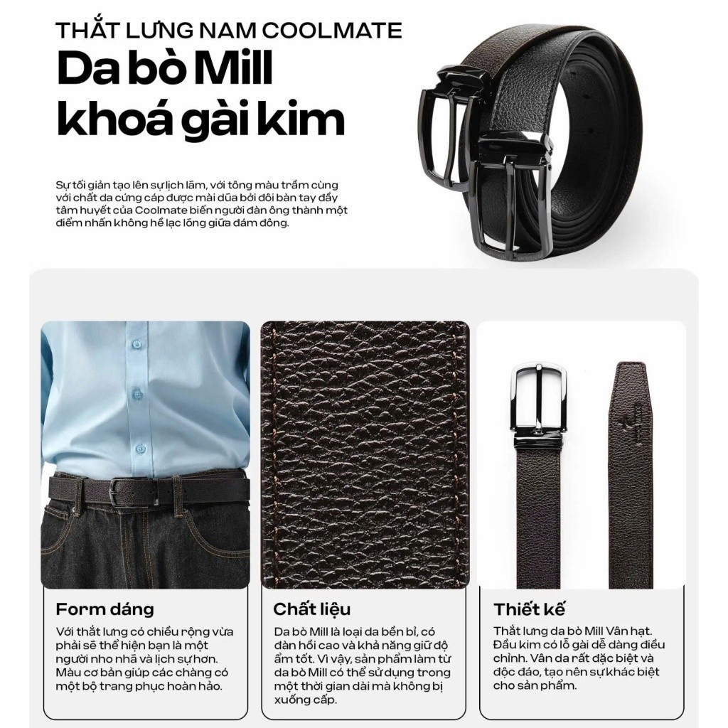 [MUA 4 GIẢM 20%]Thắt lưng nam Coolmate da bò Mill khoá gài kim