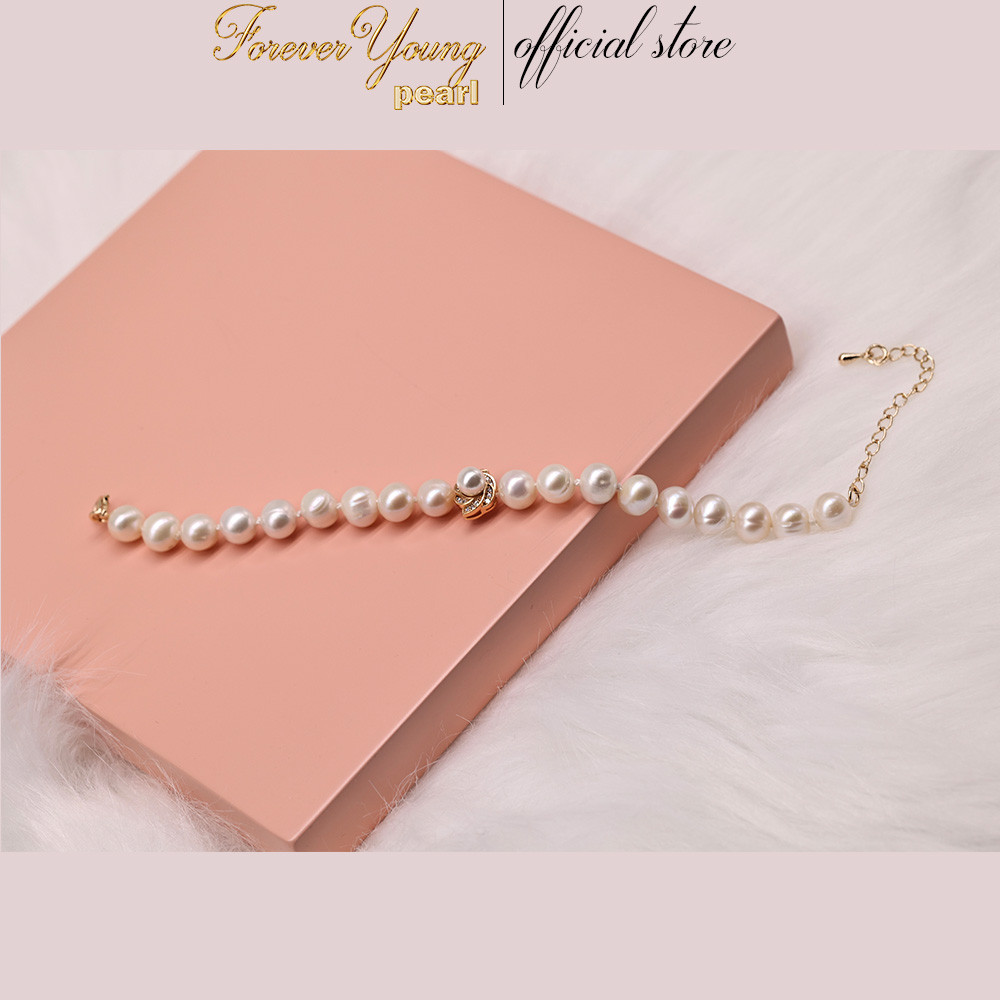 VT2 - Vòng Tay ngọc Trai 6-7li Mặt Đính Đá CZ Gắn ngọc Trai Tự Nhiên 16-22cm. Mạ vàng 18k