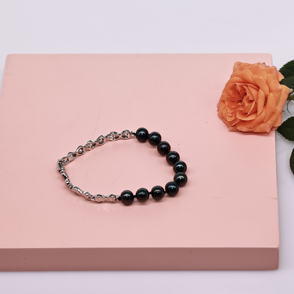 VT60 - Vòng Tay Mạ vàng Trắng Kết Hợp ngọc Trai Nước Ngọt Cao Cấp 7-8 li. Chiều Dài 16cm