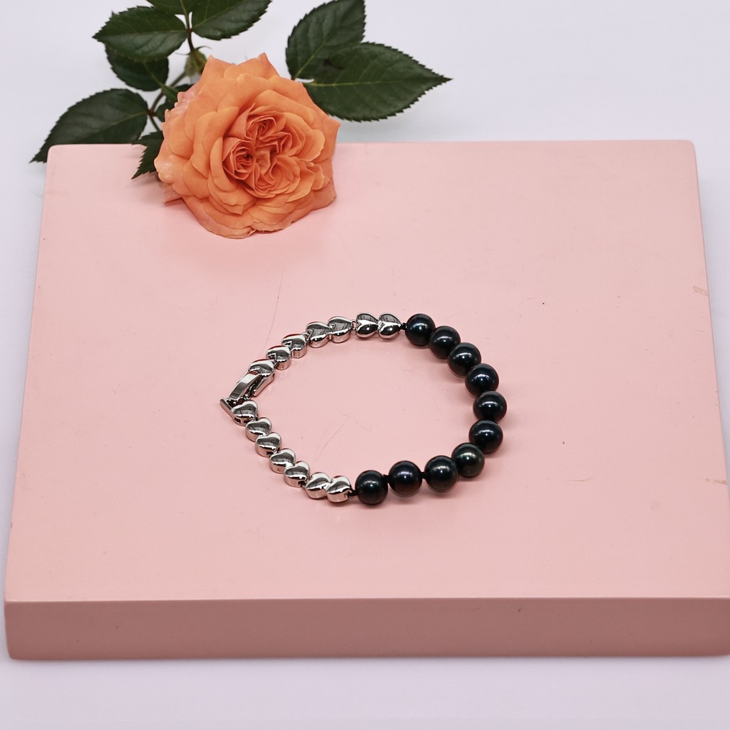 VT60 - Vòng Tay Mạ vàng Trắng Kết Hợp ngọc Trai Nước Ngọt Cao Cấp 7-8 li. Chiều Dài 16cm