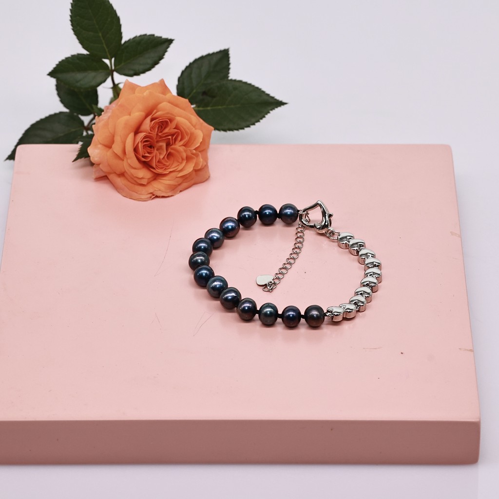 VT60 - Vòng Tay Mạ vàng Trắng Kết Hợp ngọc Trai Nước Ngọt Cao Cấp 7-8 li. Chiều Dài 16cm
