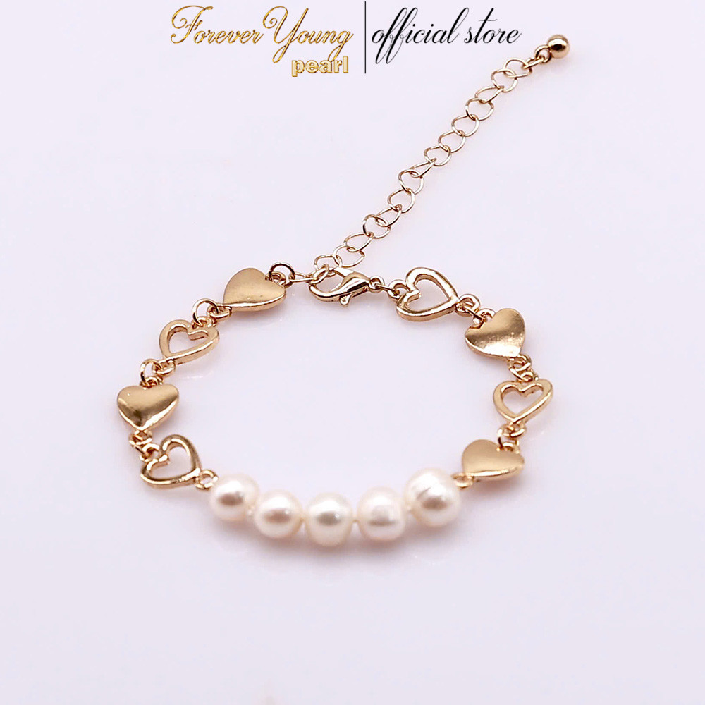VT89 - Vòng Tay ngọc Trai Nước Ngọt 7-8 li, Phối Dây Mạ vàng 18K Hình Trái Tim