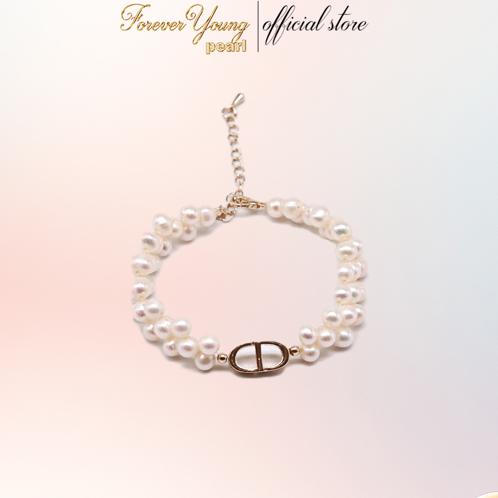 VT114 - Vòng tay ngọc trai nuôi nước ngọt 5-6 li dài 20cm, Charm Mạ Vàng 18K. Forever Young Pear