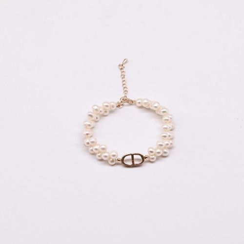 VT114 - Vòng tay ngọc trai nuôi nước ngọt 5-6 li dài 20cm, Charm Mạ Vàng 18K. Forever Young Pear
