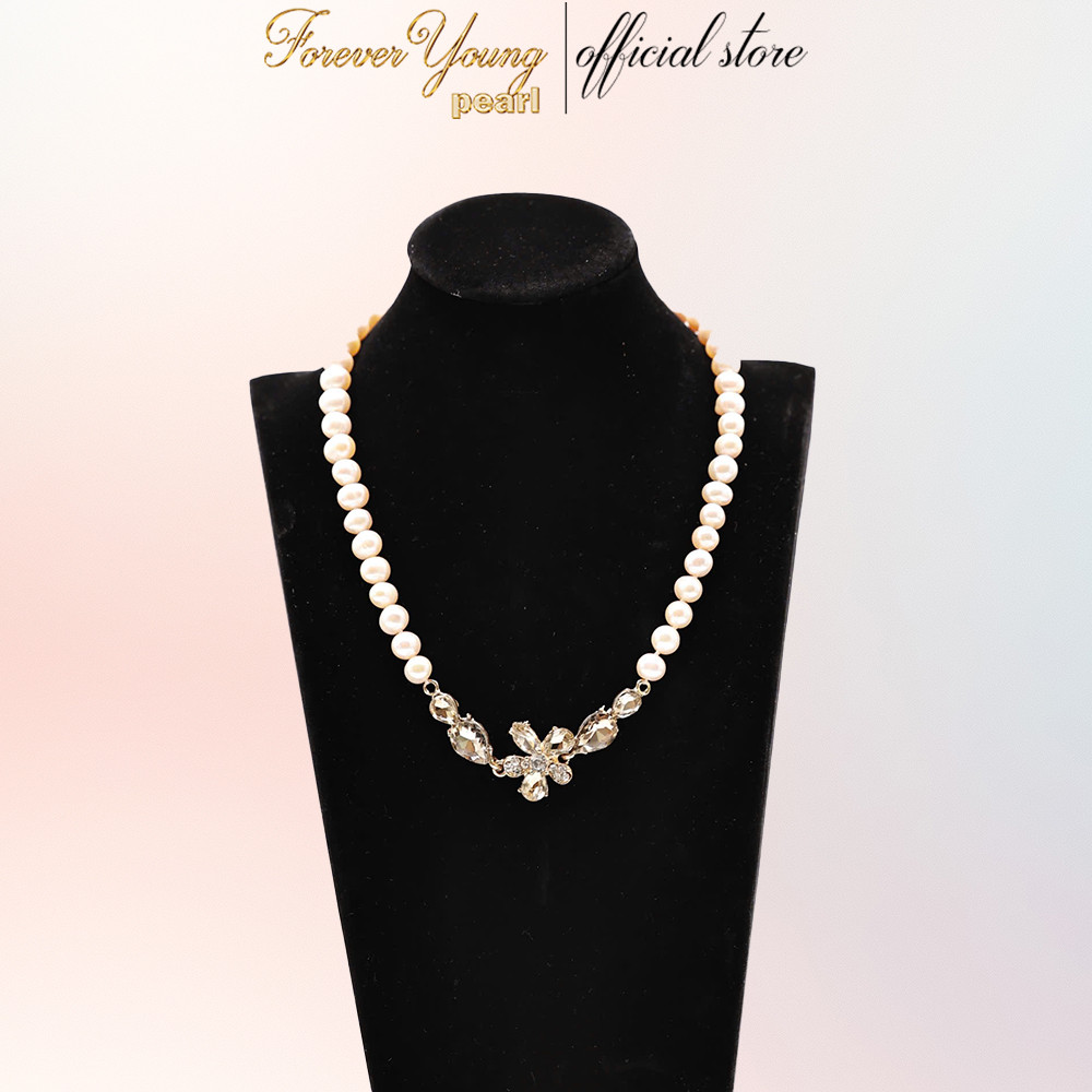 DC360 - Dây chuyền ngọc trai nước ngọt sang trọng, trai 7-8 li, dài 45 - 48 cm mặt vòng đá vàng .Forever Young Pearl
