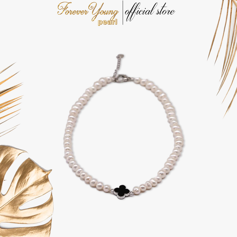 DC386 - Dây chuyền ngọc trai nuôi nước ngọt sang trọng, trai 7-8 li, dài 42-45 cm mặt 4 cánh đen .Forever Young Pearl
