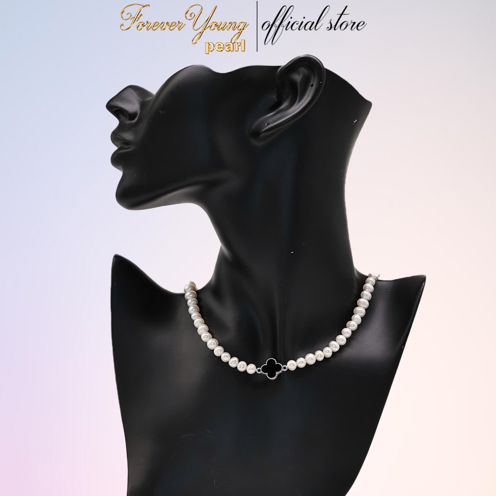 DC386 - Dây chuyền ngọc trai nuôi nước ngọt sang trọng, trai 7-8 li, dài 42-45 cm mặt 4 cánh đen .Forever Young Pearl
